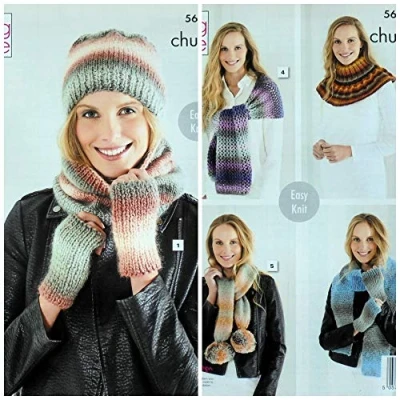 Image of King Cole 5624 Knitting Pattern Ladies Hat Cowl Wrap Scarves Hand Warmers and Shoulder in Riot Chunky