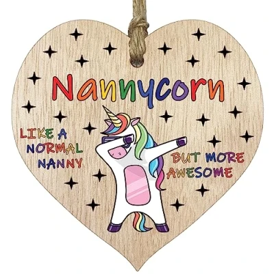 Image of Nanny Birthday Gift for Her Nannycorn Wooden Heart Plaques, Light Wood Sign Keepsake, Funny Nan Happy Plaque Nannie Gifts Unicorn Awesome Present from Granson Granddaughter