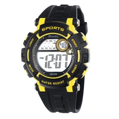 Image of Ravel Mens Round 3ATM Digital Quartz Watch with Light RDG.14.18 Black/Yellow