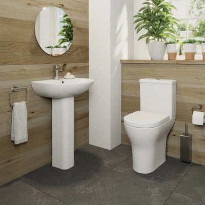 Image of Ceramica Arles Cloakroom Suite with Rimless Close Coupled Toilet &amp; Full Pedestal Basin