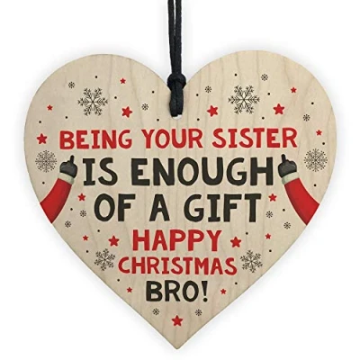 Image of RED OCEAN Brother Christmas Funny Novelty Wooden Heart Sign Plaque From Sister Big
