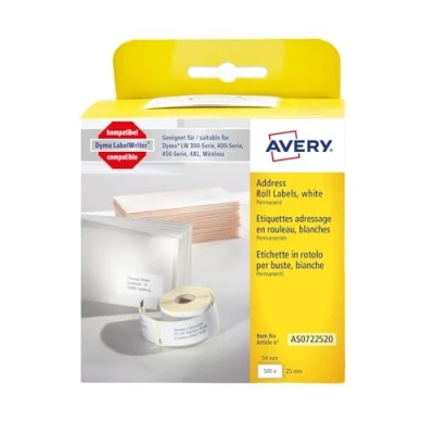 Image of Avery Zweckform Dymo LabelWriter Compatible with 0722520 White 500 Items 54 x 25 mm AS0722520