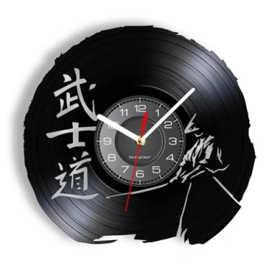 Image of EVANEM 12 Inchs Wall Clock Japanese Martial Bushido Calligraphy Vinyl Record For Bedroom Living Room Decor Japan Art Samurai Fighter Retro