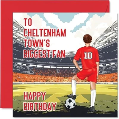 Image of Football Birthday Card for Cheltenham Fans Biggest Fan Fun Happy Son Dad Brother Uncle Colleague Friend Cousin, 145mm Footy Footie Bday Greeting Cards