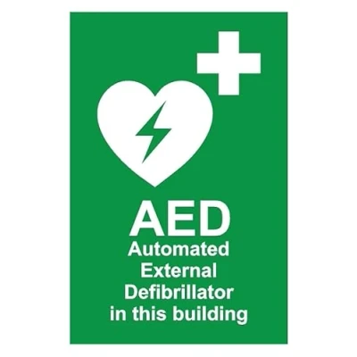 Image of AED Automated External Defibrillator in this building safety sign Self adhesive sticker (400mm x 300mm)