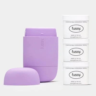 Image of Fussy Natural Refillable Deodorant Lilac Case &amp; Variety Refill Pack Wide Eyed Citrus, Night Tales Flora Wavy Days Mint Aluminium Free Vegan Cruelty 100% Effective