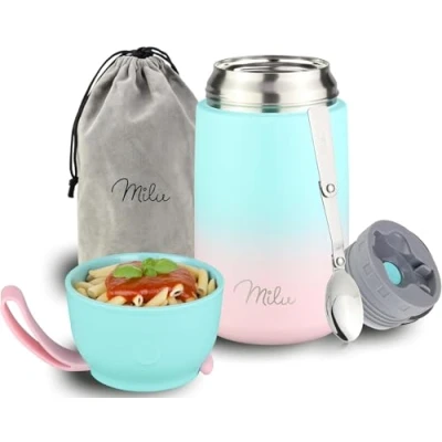 Image of Milu® Thermo Food Flask 800ml Stainless Steel Insulated Container Lunchbox Jar with Spoon for hot and Cold (Mint Pink, 800ml)