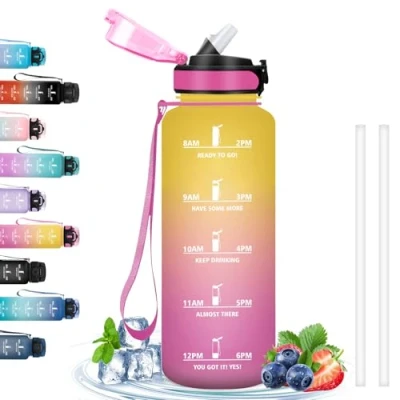 Image of Drinking Bottle 1.5 Litres, Water with Straw, Gym Motivational Slogan, Time Marking, Sports for Camping, Hiking, Gym, Running, Yoga