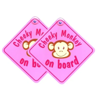 Image of Tek Automotive Pink Cheeky Monkey on Board Car Sign Twin Pack Baby for 5.5&quot; x with Suction Cup Sticker Fun Badge Kids Safety