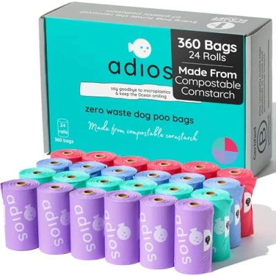Image of Adios Plastic Biodegradable Dog Poop Bags Extra Thick Compostable Poo Made from Highest Rated EN13432 Certified Cornstarch Leak Proof Waste in Rainbow Colour 24 Rolls, 360