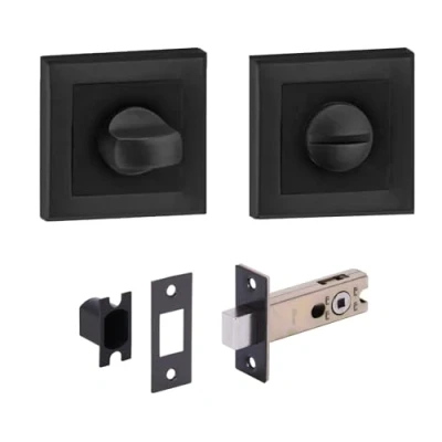 Image of HANDLEZONE® Square Rose Bathroom Toilet Door Thumb Turn and Release Deadbolt Kit Black Matt 76mm Bolt with 57mm Backset