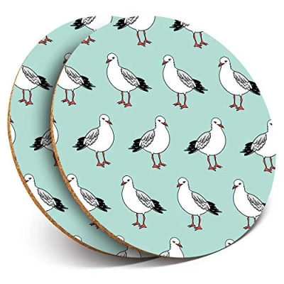 Image of 2 x Round Coasters Seagull Bird Pattern Gull Seaside Cork Backed Home Kitchen Accessory Tea Coffee Mug Mat #46287