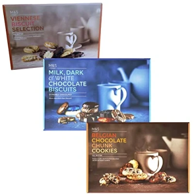 Image of Marks and Spencer Extremely Chocolatey Milk Dark White Chocolate Biscuits 450g, M&amp;S Belgian Chunk Cookies 500g Viennese All Butter Biscuit Selection 450g Gift Bundle
