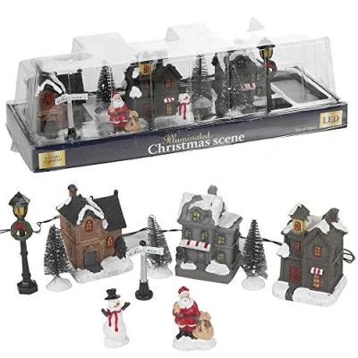 Image of URBNLIVING 10 Pcs LED Light Up Christmas Scene Festive Town Village Xmas Decor Illuminated Decoration Set Requires 2 x AA Batteries Gift Boxed