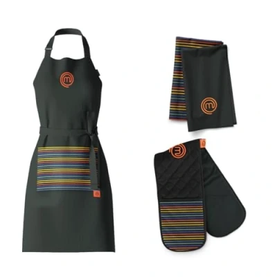 Image of MasterChef Cotton Textiles Kitchen Gift Set, Includes Chef Apron, Double Oven Glove &amp; Pack of 2 Tea Towels, All Items Feature Official Show Logo, Fully Machine Washable, Unisex, Vivid Collection