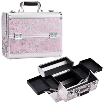 Image of Professional Large Makeup Case Aluminium Cosmetic Vanity Box Beauty Organiser Train 4 Trays Lockable Lock with Keys, Pink Rose