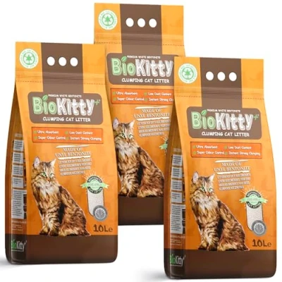 Image of BioKitty clumping cat litter, dust free low tracking, highly absorbent natural mineral bentonite unscented long lasting odour control 3x8.5kg/30L 3 bag (Unscented)