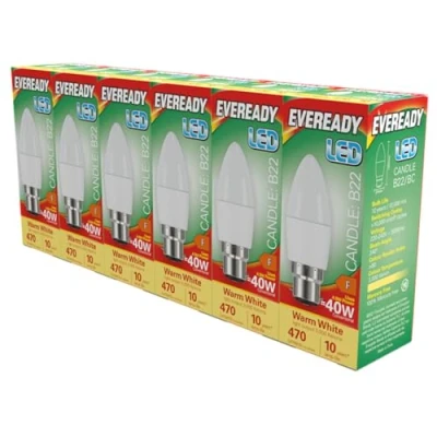 Image of Eveready LED B22 Candle Bulb 4.9W Replaces 40W Warm White (3000k) 470 Lumens Non Dimmable Light Bulb. 6 Pack.