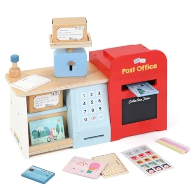 Image of SOKA Wooden Post Office Play Set with Stamps and Mail Creative Pretend Toy Role Playset Educational Montessori Developmental Game For Kids Children Boys Girls 3 year old +