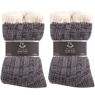 Image of Pierre Roch Mens Chunky Knit Fully Fleece Lined Slipper/Lounge Socks with Gripper Soles (2 Pairs Grey)