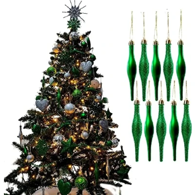 Image of UKDeals Direct® DARK GREEN COLLECTION CHRISTMAS DROPLET BAUBLES TREE DECORATIONS GLITTER MATT ICICLES (Pack of 10 Droplets 120mm)