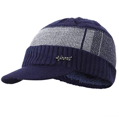 Image of Yixda Men&#039;s Winter Warm Beanie Hat Knitted Cap with Peak, navy, One Size