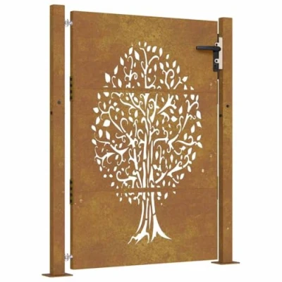 Image of vidaXL Garden Gate in Stylish Tree Design Lockable Entry Point, Created with Weathering Corten Steel Rust Brown, 105x155 cm