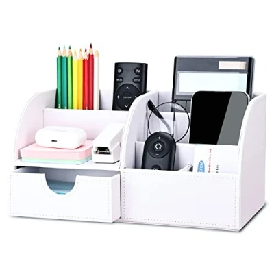 Image of KINGFOM PU Leather Office Desk Organiser Tidy Pen Pencil Pots Stationery Storage Box Accessories White