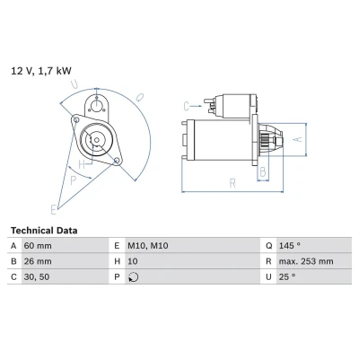 Image of 1121510001, 112151000180, A1121510001, A112151000180 Starter motor BOSCH 0 986 017 890 12V 1,7kW 10 50, 30 links 60mm MERCEDES BENZ: SL Convertible