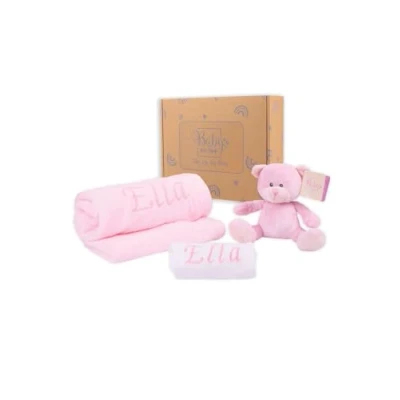 Image of Baby Box Shop Personalised Girl Gifts Pink Blanket &amp; Bodysuit with Teddy Bear for Girl, Ideal as Shower Christening Girls
