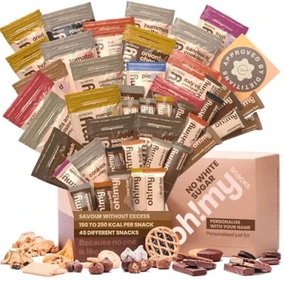 Image of Oh!mysnacks No White Sugar Box Gift Hamper of Healthy Snacks For Adults High Protein with Fiber Snack Bars Low Calorie (45 Snacks)