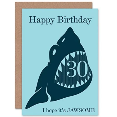 Image of Wee Blue Coo BIRTHDAY HAPPY 30TH THIRTIETH SHARK ART GREETINGS GREETING CARD GIFT