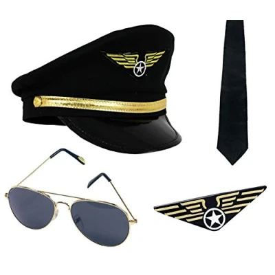 Image of Captain Pilot Fancy Dress Costume Top Gun Glasses Badge Hat &amp; Tie Set