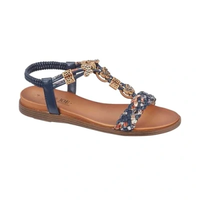 Image of Jo &amp; Joe Ladies Braided T Strap Design Embellished Trim Elasticated Back Flat Sandals (Navy, UK Footwear Size System, Adult, Women, Numeric, Medium, 6)