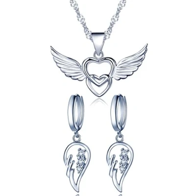 Image of Yumilok Jewelry 925 Sterling Silver Cubic Zirconia Heart Angel Wings Pendant Charm Necklace Earrings Set for Women/Girls