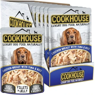 Image of COOKHOUSE 100% Natural &amp; Complete Luxury Wet Dog Food 15 x 100g Pouches Chicken Breast with Tuna Rice Fillets in Jelly