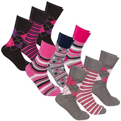 Image of Metzuyan 9 Pairs Womens Ladies Diabetic Non Elastic Loose Top Socks Multipack Argyle Stripes 4 8