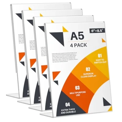 Image of WenYa A5 Acrylic Sign Holder (4 Pack), L Shape Perspex Display Stands, Clear Poster Leaflet Menu Holders for Office Shop Restaurant Hotel School