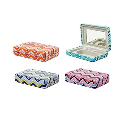 Image of KIKKERLAND Portable Striped Travel Jewellery Organizer Mini Case with Mirror (1 x Assorted Colour)