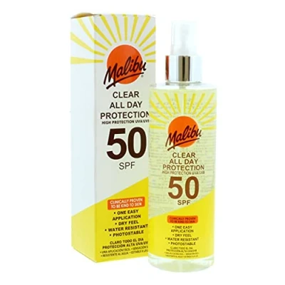 Image of Malibu Sun SPF 50 Clear Spray Sunscreen, High Protection, Dry Feel, Water Resistant, 250ml