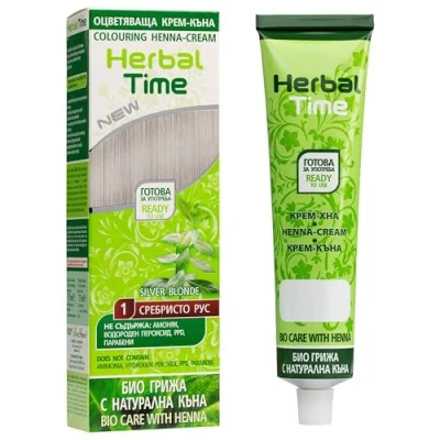 Image of Herbal Time Henna Natural Cream Color Silver Blonde Nº 1 Coloring with Nettle Extract Gray Hair Cover Temporary Dye Ammonia Free, Sulfates Parabens Free 75 ml