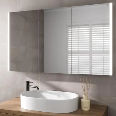 Image of BAYSTONE® 1200 x 700mm Bathroom Mirror Cabinet LED Lights Wall Mounted Shaver Demister Illuminated Mirrors for Bathrooms, Mains Powered, Motion Sensor