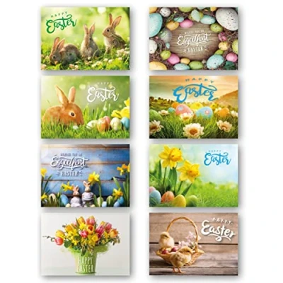 Image of Easter Cards Pack of 8. Each Card multipack has 8 different Mixed Designs. Ecofriendly, recyclable, plastic free cards, envelopes and box. Blank Inside.