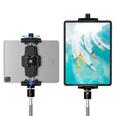 Image of iPad and Phone Tripod Mount Adapter with Ball Head, Holder for Tripod, 360 Rotatable Tablet Clamp fits Pro 12.9, Air Mini 3 4, Galaxy Tab, Surface 8, Selfie Stick(5.3 10.6’’)