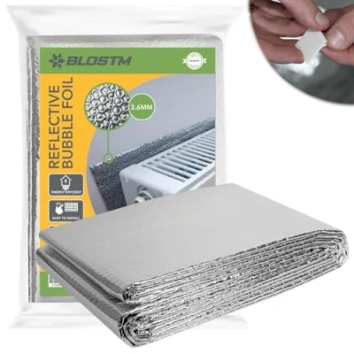 Image of BLOSTM Radiator Insulation Foil 5m x 60cm Bubble Reflector Thick Heat Reflective Wrap with Adhesive Pads Saves Energy Covers 3+ Radiators