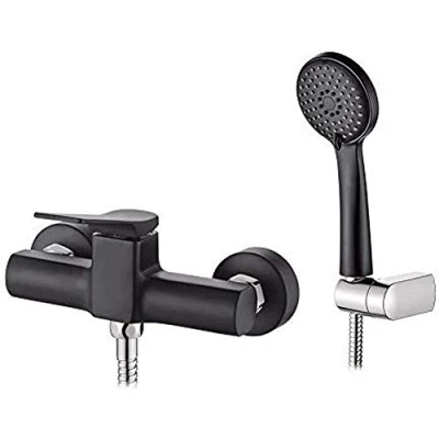 Image of Ibergrif M12004B Praga, Single Lever Black Shower Mixer Tap Set with Handset, Hose, Holder