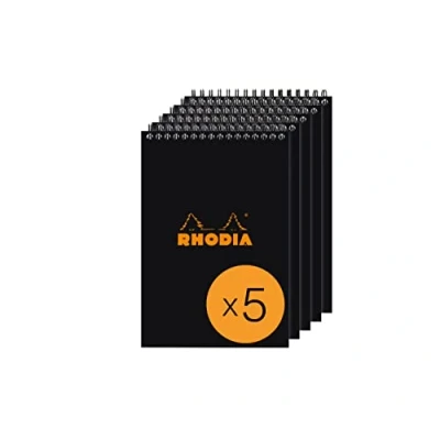Image of RHODIA 165009C Spiral Notebook (Full Bound) Black A5 Small Squares 80 Detachable Sheets 80G Clairefontaine Paper Coated Card Cover Pack of 5 pads