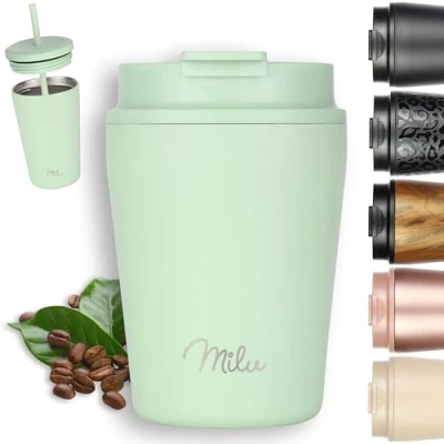 Image of Milu Thermo Mug 300ml 100% Leak Proof Stainless Steel Coffee to go Insulated with Straw Keeps hot for 10h / Cold 20h, BPA Free (Lily Green, 300ml)