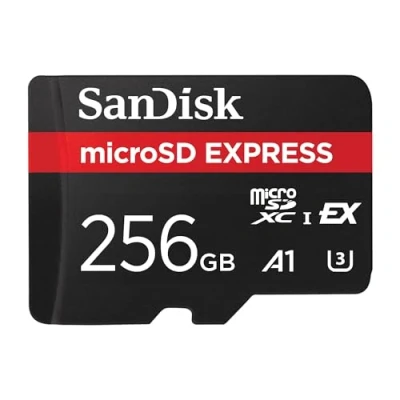 Image of SanDisk micro SD Express, 256GB card, read speeds Up to 880 MB/s, Write 480MB/s, Sustained 100MB/s, 4.4 times faster than our fastest microSD Class 10, U3