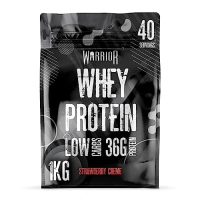 Image of Warrior Whey Protein Powder Up to 36g* of Per Shake Low Sugar, and Carbs GMP Certified (Strawberry Crème, 1kg)